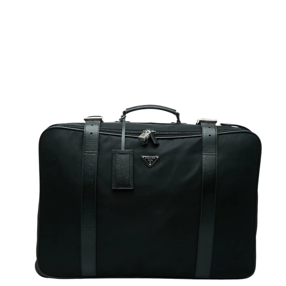 Prada Triangle Plate Suitcase Business Bag Black Saffiano Leather